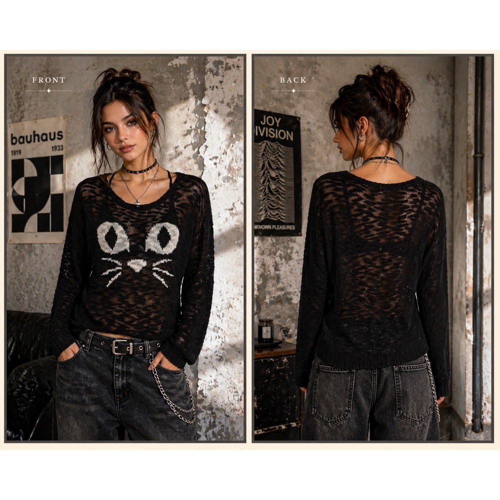 Black Cat Face Open Knit Sheer Burnout Style Grunge Goth Long Sleeve Top Large